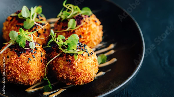 Obraz Fried Croquettes Garnished with Sauce, Sesame Seeds, and Microgreens