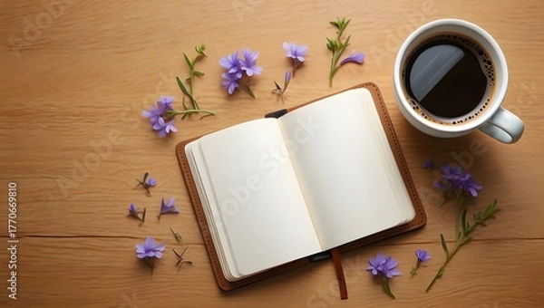Obraz Open notebook with coffee cup and delicate purple flowers on wooden background
