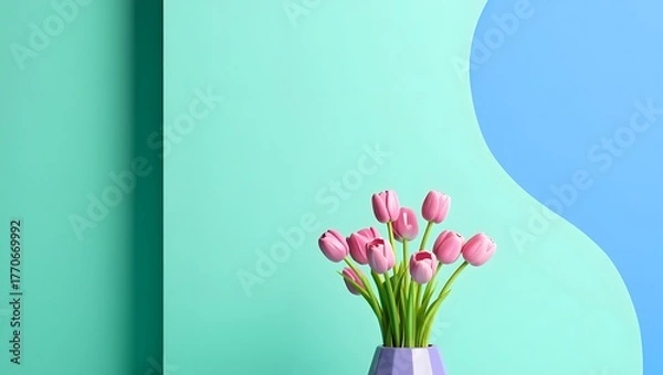 Obraz Soft pink tulips in a purple vase against a teal and blue background