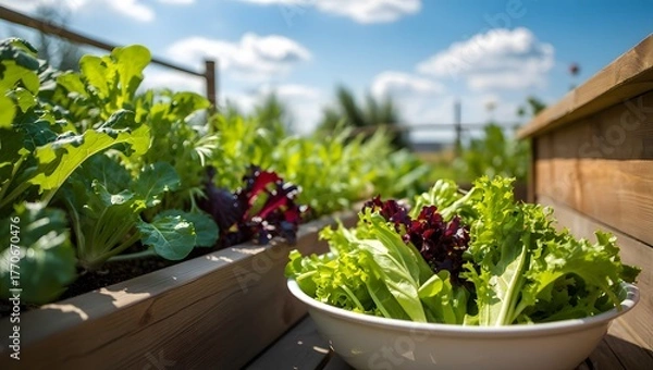 Obraz Freshly harvested lettuce and greens in a raised garden bed
