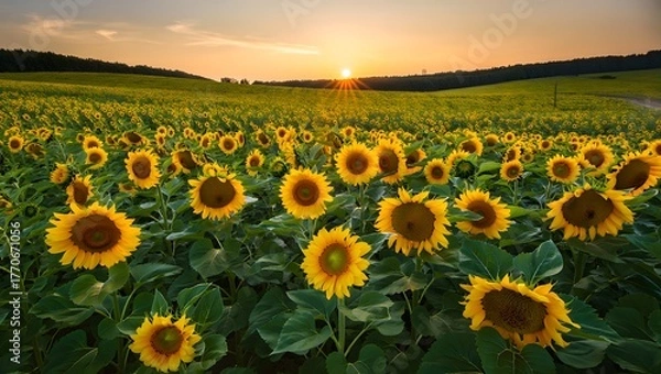 Obraz Vast field of sunflowers at sunset with rolling hills in the background