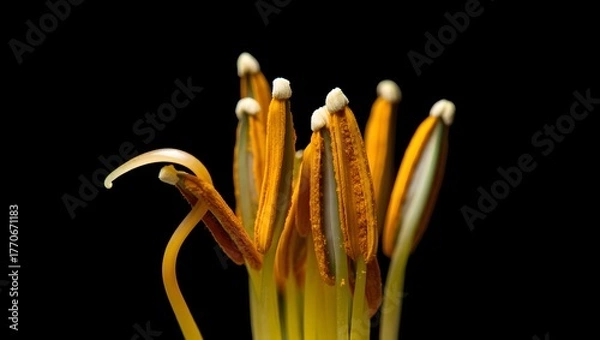 Obraz Close up of a blooming flower stamen and pistil against a dark background