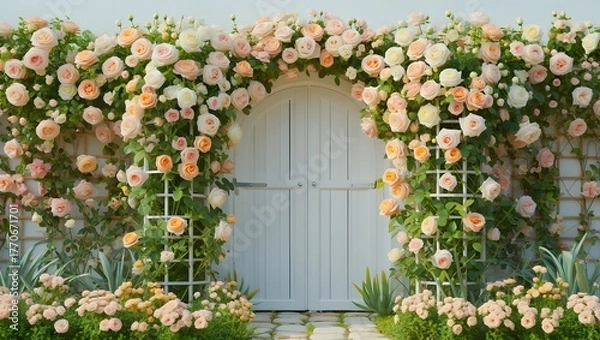 Obraz Beautiful white double doors adorned with lush pink and peach floral archway