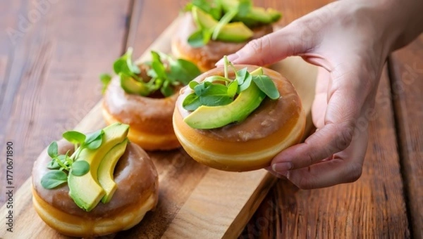 Obraz Hand holding a savory donut topped with salmon and avocado
