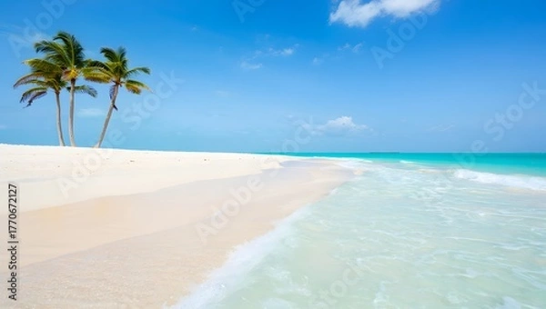 Obraz Idyllic tropical beach with white sand palm trees and turquoise ocean water