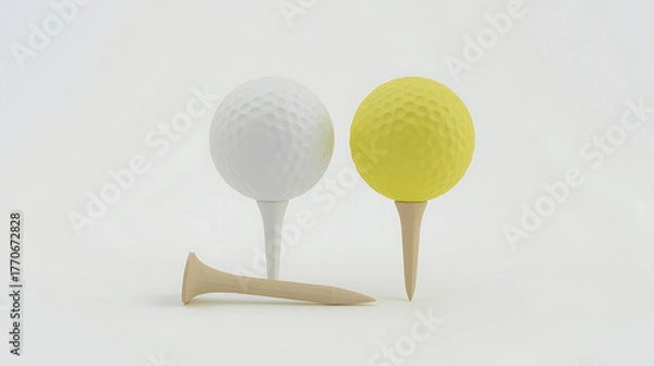 Fototapeta Depiction of two golf balls, one bright yellow on a white tee and one white on a beige tee, set against a white background, with an additional beige tee nearby.