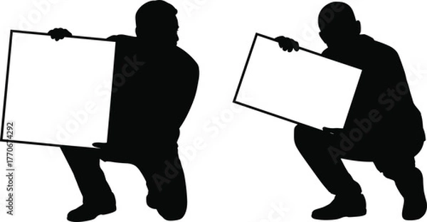 Obraz Vector silhouette illustration of two squatting people holding blank signs for protest concept, message display theme, and communication design layout
