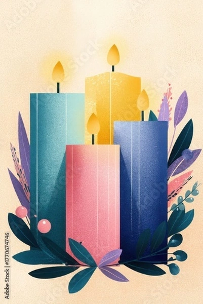 Fototapeta minimalist flat illustration, Advent wreath with 4 burning colorful candles decorated with leaves and berries, light beige background, holiday countdown calendar, church event announcement, Christmas.