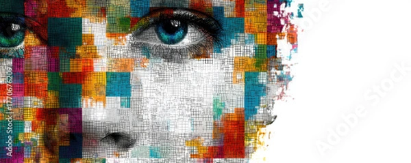 Obraz Digital face with mosaic pattern featuring colorful tiles, blending vibrant hues and intricate designs, evokes sense of creativity and modernity