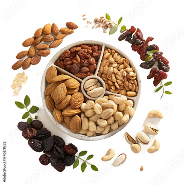 Fototapeta Assortment of nuts and dried fruits healthy snack mix in a round tray isolated on white