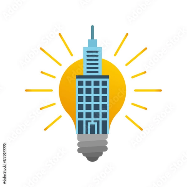 Obraz Creative Building in Light Bulb Idea Concept for Business Inspiration and Innovation Strategy.  Flat Icon Design for Construction Business