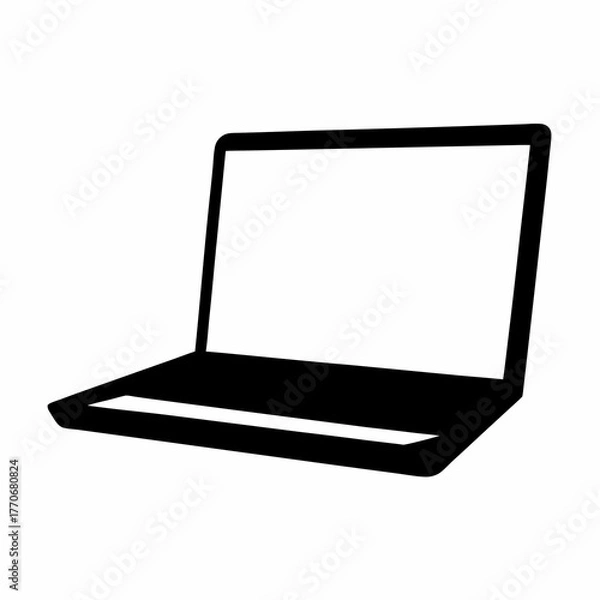 Fototapeta Black and white silhouette drawing of a laptop computer device open and ready