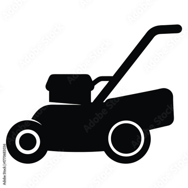 Fototapeta Simple black silhouette of a lawn mower against a white background