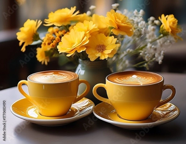 Fototapeta two cups of coffee on a table with a vase of flowers in the background the cups are yellow and the flowers are yellow as well