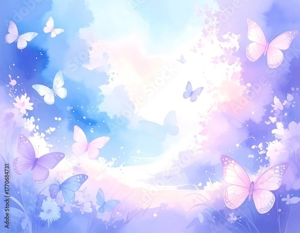 Obraz Pastel butterflies in a dreamy sky landscape