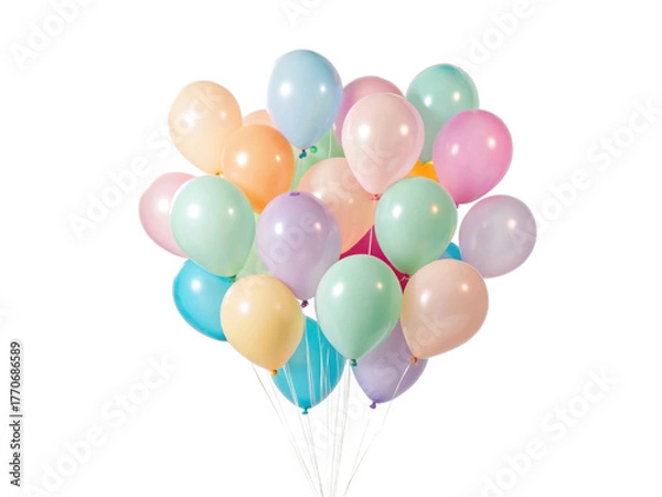 Fototapeta Joyful bunch of pastel colorful balloon decoration for festive party celebration, isolated on transparency background for happy event