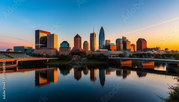 Fototapeta Indianapolis skyline at sunset, reflecting in a calm waterway, sunset, architecture