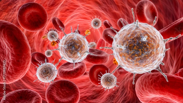 Fototapeta Visual representation of immune cells interacting with pathogens in human blood