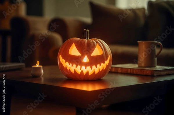 Fototapeta Jack-o'-lantern with a devilish grin sitting on a coffee table in a cozy living room during the Halloween season