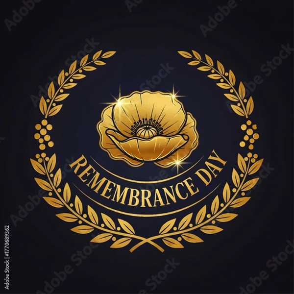 Fototapeta Golden poppy flower emblem for Remembrance Day, surrounded by a laurel wreath on a dark blue background.