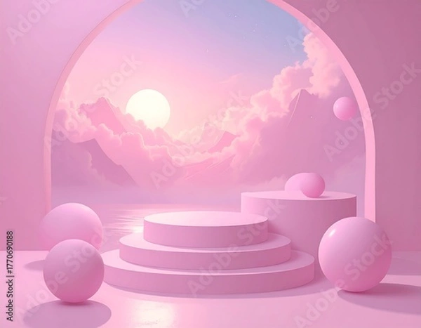 Obraz Pastel pink 3D scene with podiums and spheres