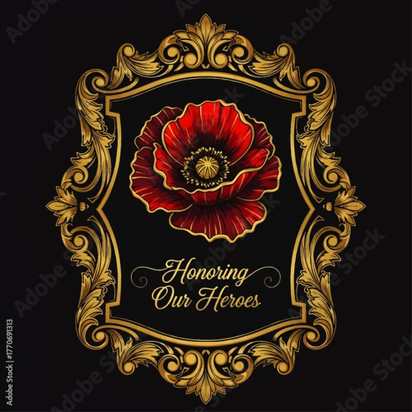 Fototapeta Ornate gold frame containing a vibrant red poppy and the text "Honoring Our Heroes" on a dark background.