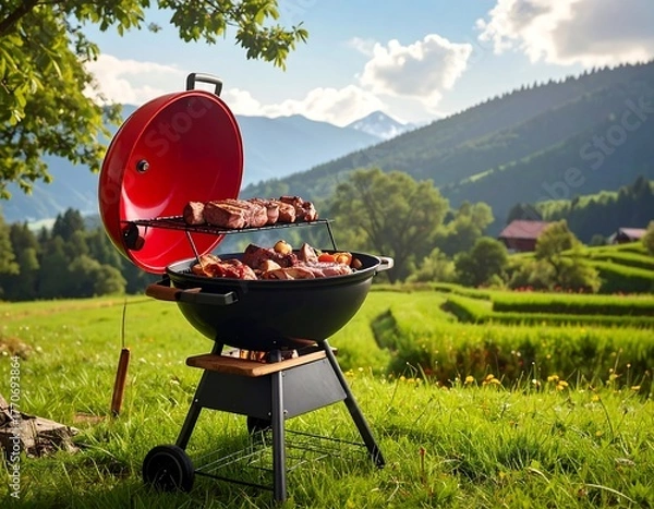 Obraz Outdoor grilling scene with delicious food