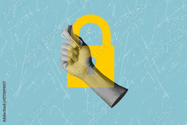 Fototapeta Contemporary art collage on the theme blocking of bank accounts. Disabling the banking payment system. Closed access to finance	
