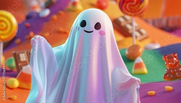 Fototapeta A cute, friendly ghost with rosy cheeks and a happy face stands among a colorful, festive array of Halloween candy, including lollipops, chocolate, gummy bears, and candy corn, creating a whimsical an