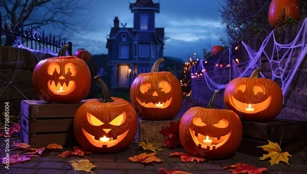 Fototapeta ​Five glowing jack-o'-lanterns with spooky faces illuminate a cobblestone path in front of a haunted house at twilight, set amidst cobwebs and autumn leaves.