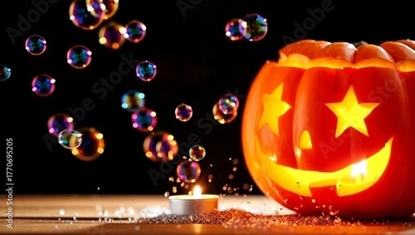 Fototapeta A cheerful, star-eyed jack-o'-lantern and a candle glow on wood, surrounded by floating, iridescent bubbles against a dramatic dark background, creating a magical Halloween scene.