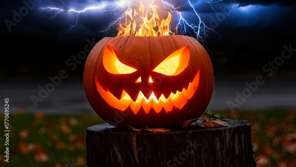 Fototapeta An intensely ominous jack-o'-lantern spews fire from its top and glows menacingly on a tree stump, with dramatic lightning flashing in the stormy night sky.