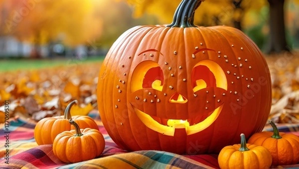 Fototapeta A large, glowing jack-o'-lantern with tiny carved dots sits on a colorful plaid blanket, surrounded by miniature pumpkins and fallen autumn leaves in a cozy outdoor park setting with warm fall colors.