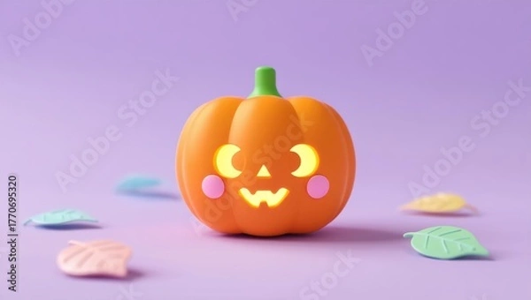 Fototapeta A jack-o'-lantern with a glowing face, rosy cheeks, and a green stem sits on a soft lavender background, surrounded by pastel-colored, simplified autumn leaves. It embodies a cheerful, Halloween vibe.
