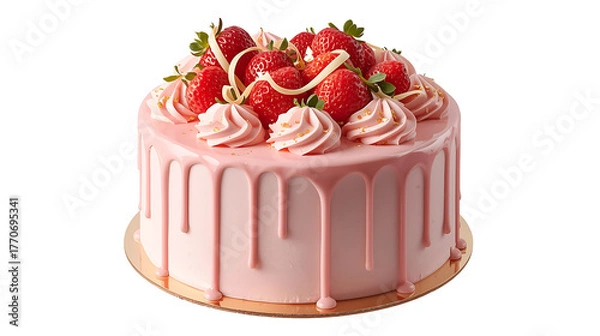 Obraz strawberry cake with pink drip frosting fresh berries and white chocolate curls