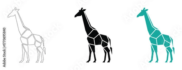 Fototapeta Giraffe icon set. A minimalist design featuring a stylized origami giraffe. Available in three styles, outline, solid black, and isometric blue. Pro Vector