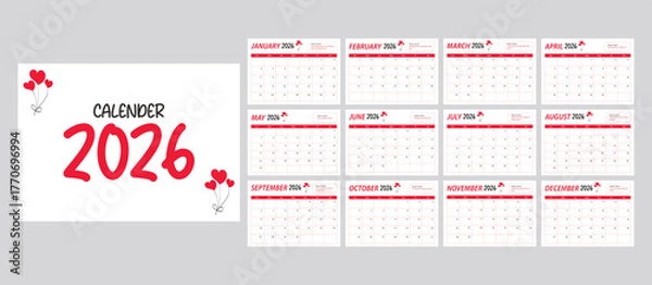 Fototapeta 2026 Calendar Template with Red Heart Accents