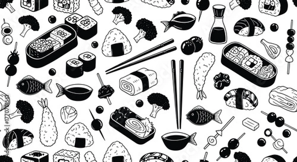 Fototapeta Delicious japanese food seamless pattern monochrome doodle style background illustration