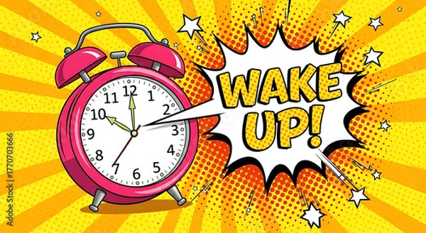 Obraz Comic book style alarm clock with wake up text on a yellow background