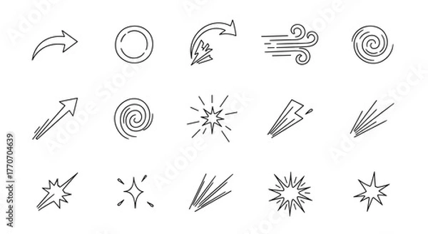 Obraz Collection of hand-drawn doodle line elements representing movement, emotion, and effects, including arrows, wind, sparkles, and abstract expressive shapes, perfect for adding dynamic emphasis and