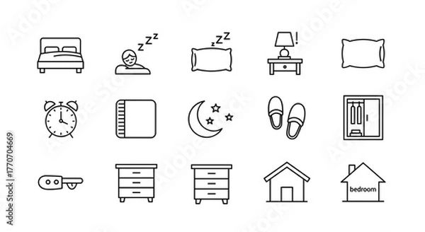 Obraz A clean and modern line icon set representing sleep and bedroom elements, including a bed, furniture, and rest symbols, presented on a white background for easy integration into various design
