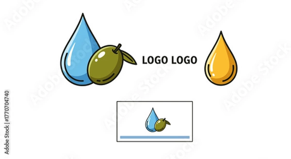 Fototapeta Vivid cartoon illustration of a water drop and an olive next to a golden oil drop, symbolizing natural products and healthy ingredients, perfect for branding and logos in the food and beverage