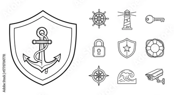 Obraz Nautical and Security Icons Set: A collection of vector line art symbols including a prominent anchor within a shield, ship's wheel, lighthouse, key, padlock, star shield, lifebuoy, wave, and