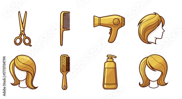 Obraz Golden gradient cartoon illustration of a set of hair salon essentials including scissors, combs, a hairdryer, shampoo bottle, and various hairstyles, presented as a clean, ordered line icon set on a