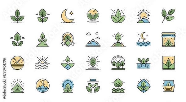 Obraz Set of 30 vintage natural logo design elements, vector cartoon illustrations featuring leaves, plants, mountains, sun, moon, water, and trees, perfect for eco-friendly branding and nature-themed