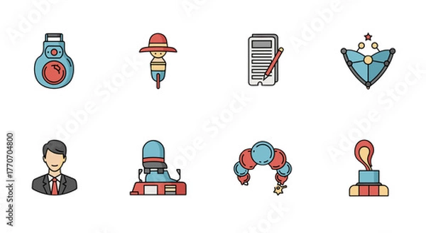 Obraz Set of modern outline style icons for design, cards, apps, and social networks, featuring a business person, a microphone, a balloon arch, a candle, a shield, a document with a pencil, a character