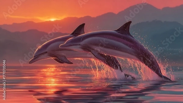 Fototapeta Two graceful dolphins leap from the tranquil sea against a vibrant sunset over the mountains.