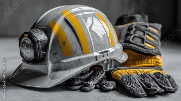 Fototapeta A grey and yellow hard hat with an attached headlamp sits next to a pair of protective work gloves.