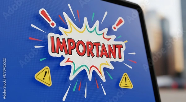 Obraz Important message on a computer screen with exclamation marks and triangles