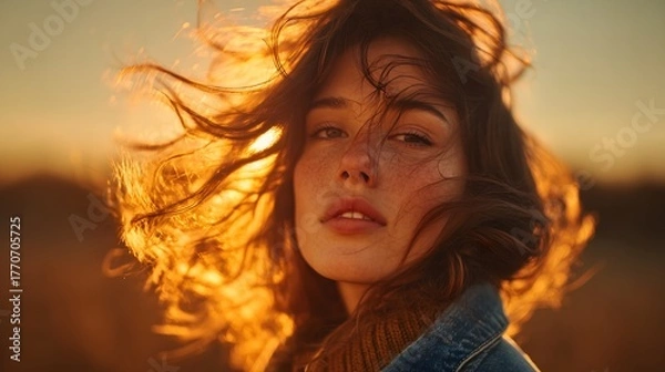 Fototapeta A young woman with windswept hair and freckles is illuminated by the warm glow of a sunset.